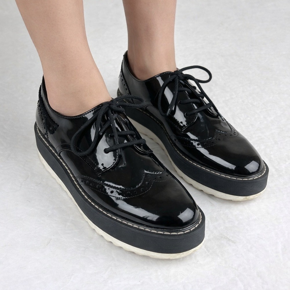 Zara Platform Oxfords Women 8.5 Black Patent‎ Brogue Wingtip Lace Up Shoes